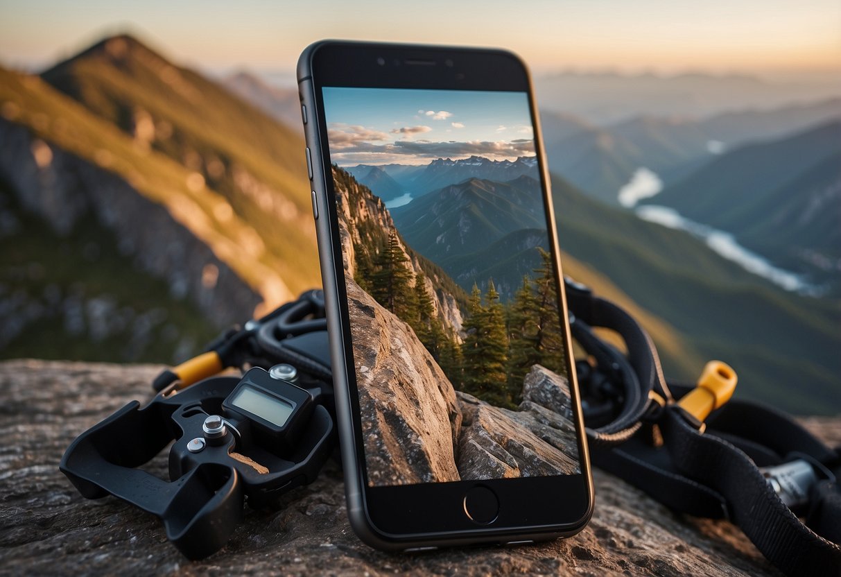 Rock climbing apps displayed on a smartphone screen with mountain backdrop and climbing gear in the foreground