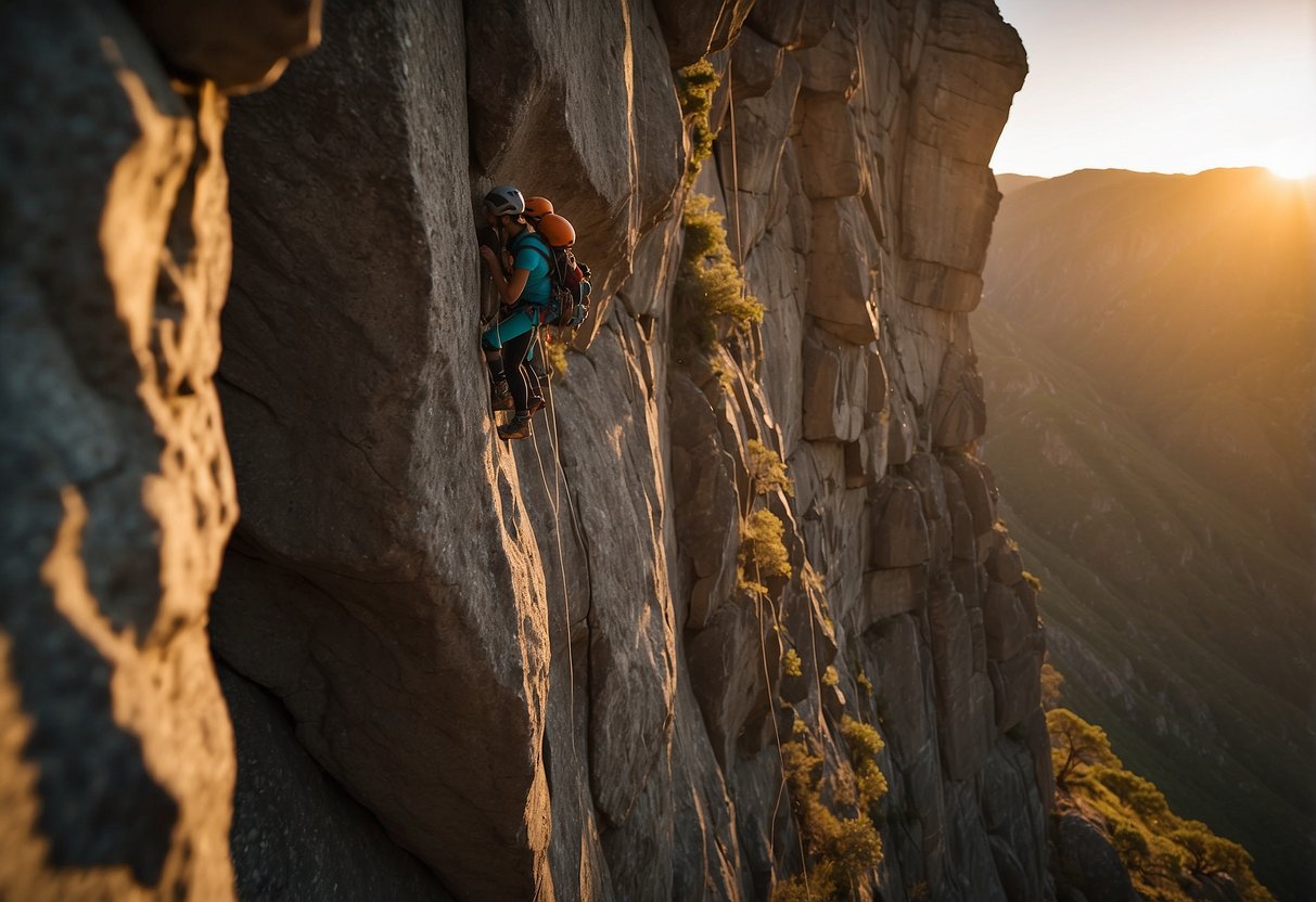 A rocky cliff with climbers scaling its jagged surface, while others belay below. Chalk bags, ropes, and carabiners litter the base. The sun sets, casting a warm glow over the scene