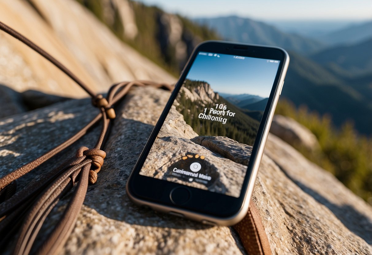 A sunny day at the base of a rocky cliff, with a smartphone displaying a list of "10 Best Apps for Rock Climbing" on a hiking backpack