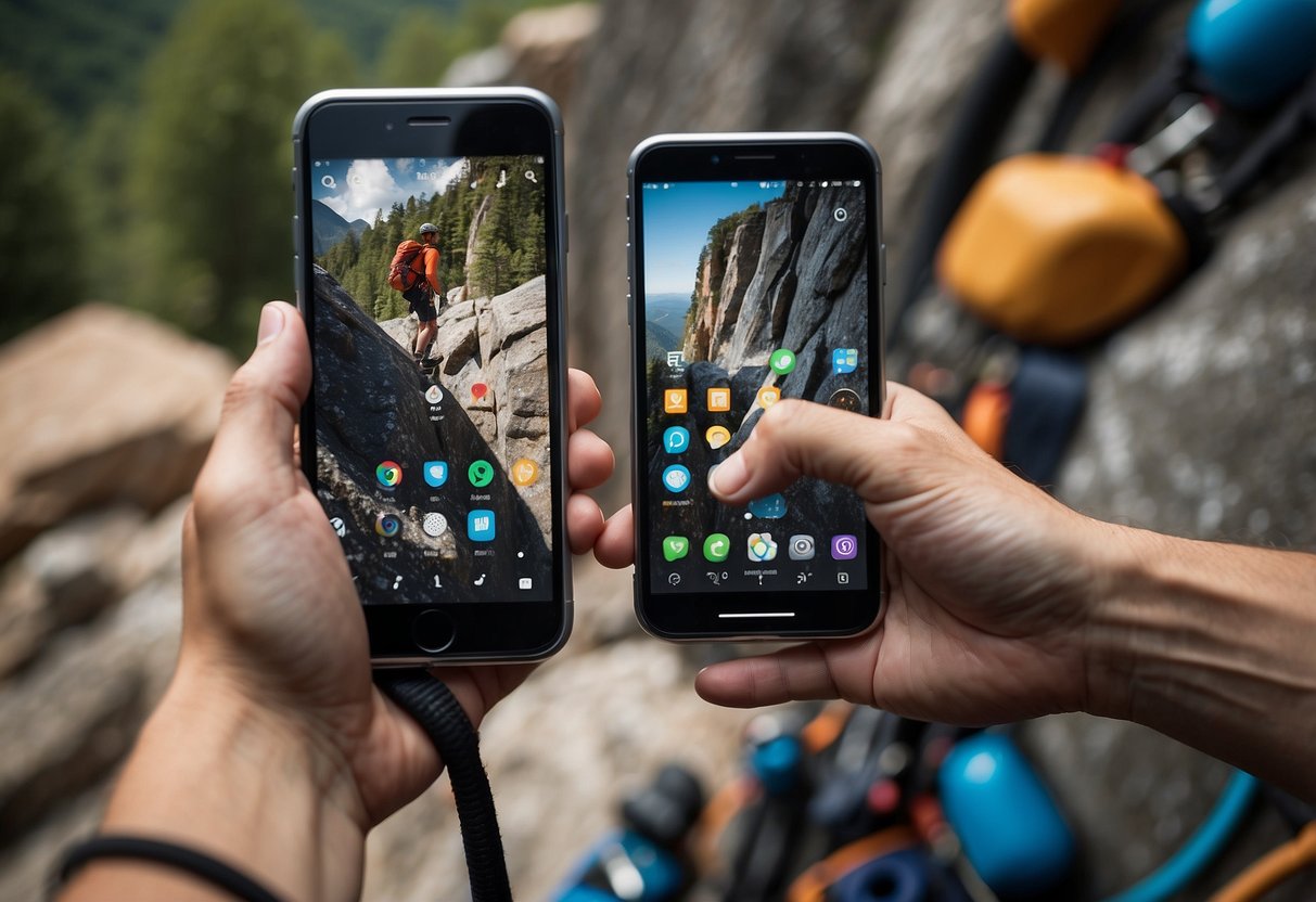 A climber reaching for a smartphone with 10 rock climbing apps displayed on the screen. Chalk bag and carabiner in the background