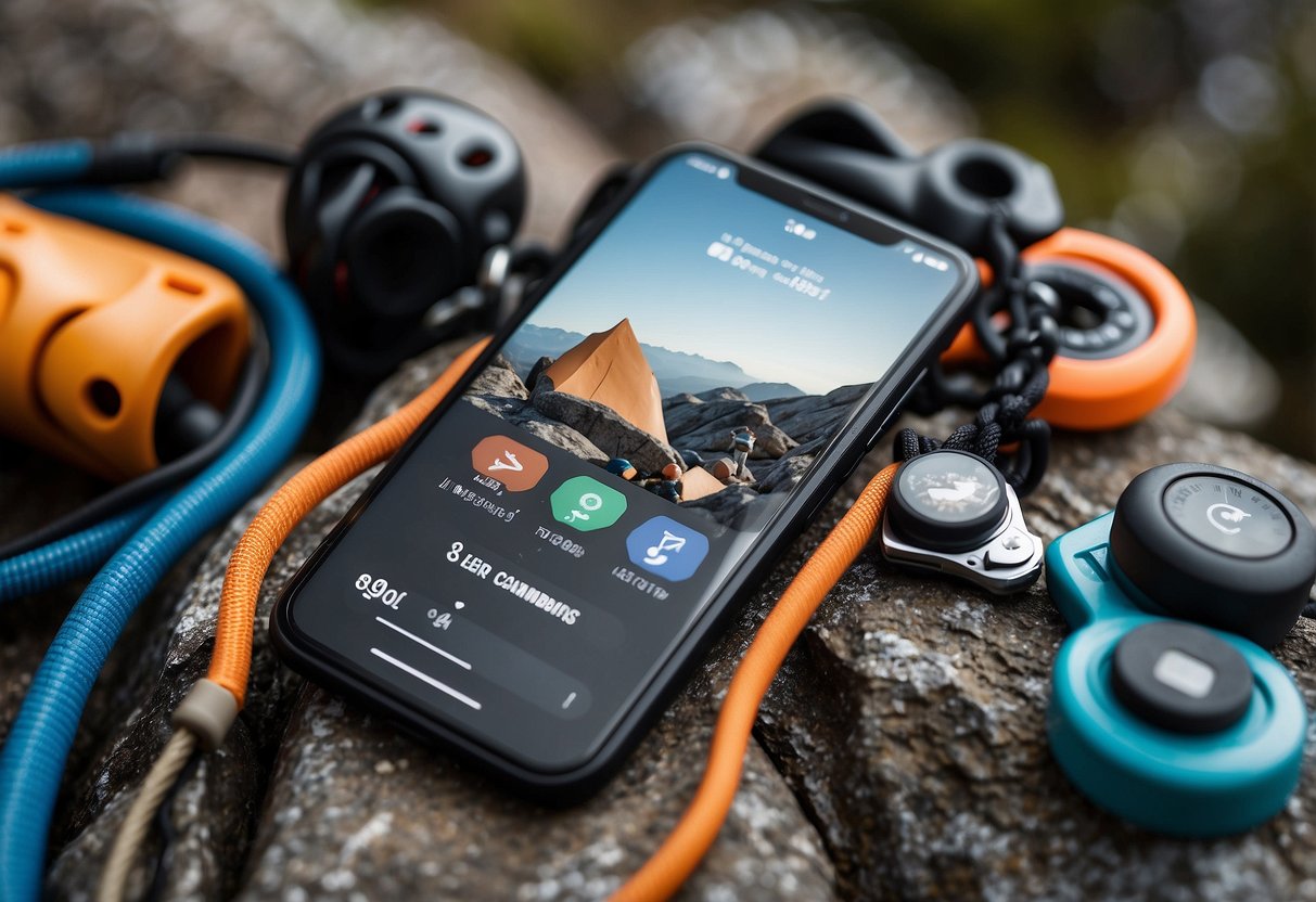 Rock climbing gear scattered on a rocky ledge with a smartphone displaying the "Vertical-Life 10 Best Apps for Rock Climbing" list