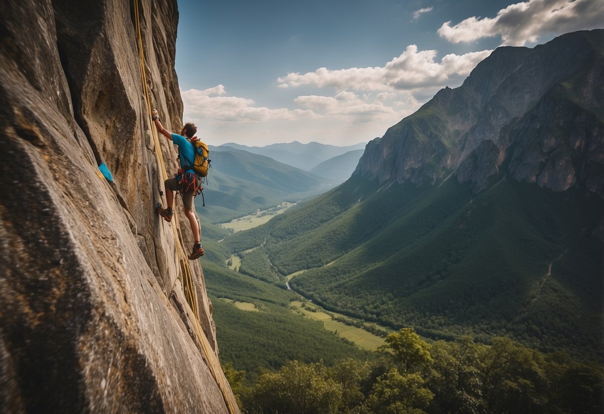 A mountainous landscape with colorful climbing holds and ropes, surrounded by adventurous hikers and climbers using the Kaya 10 Best Apps for Rock Climbing