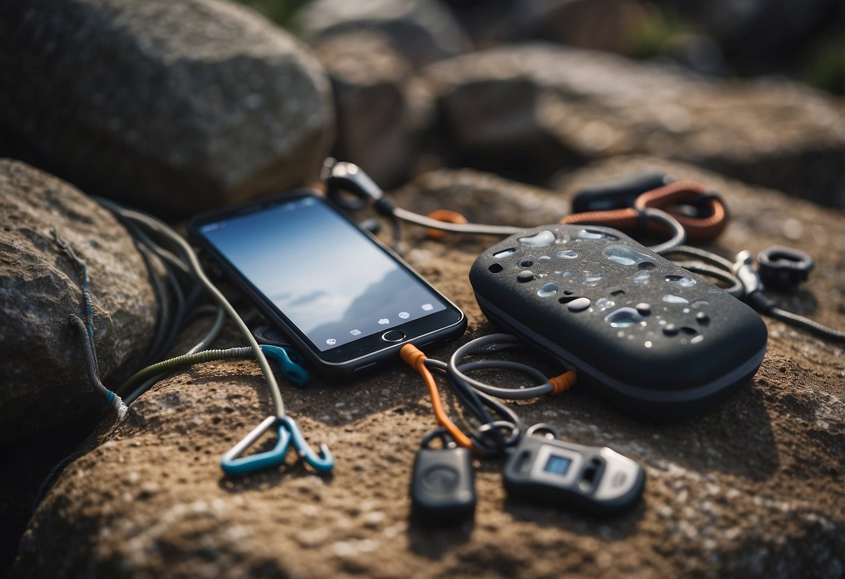 A climber scales a rugged boulder, using a mobile phone with rock climbing apps displayed on the screen. Chalk bag and climbing shoes lay nearby