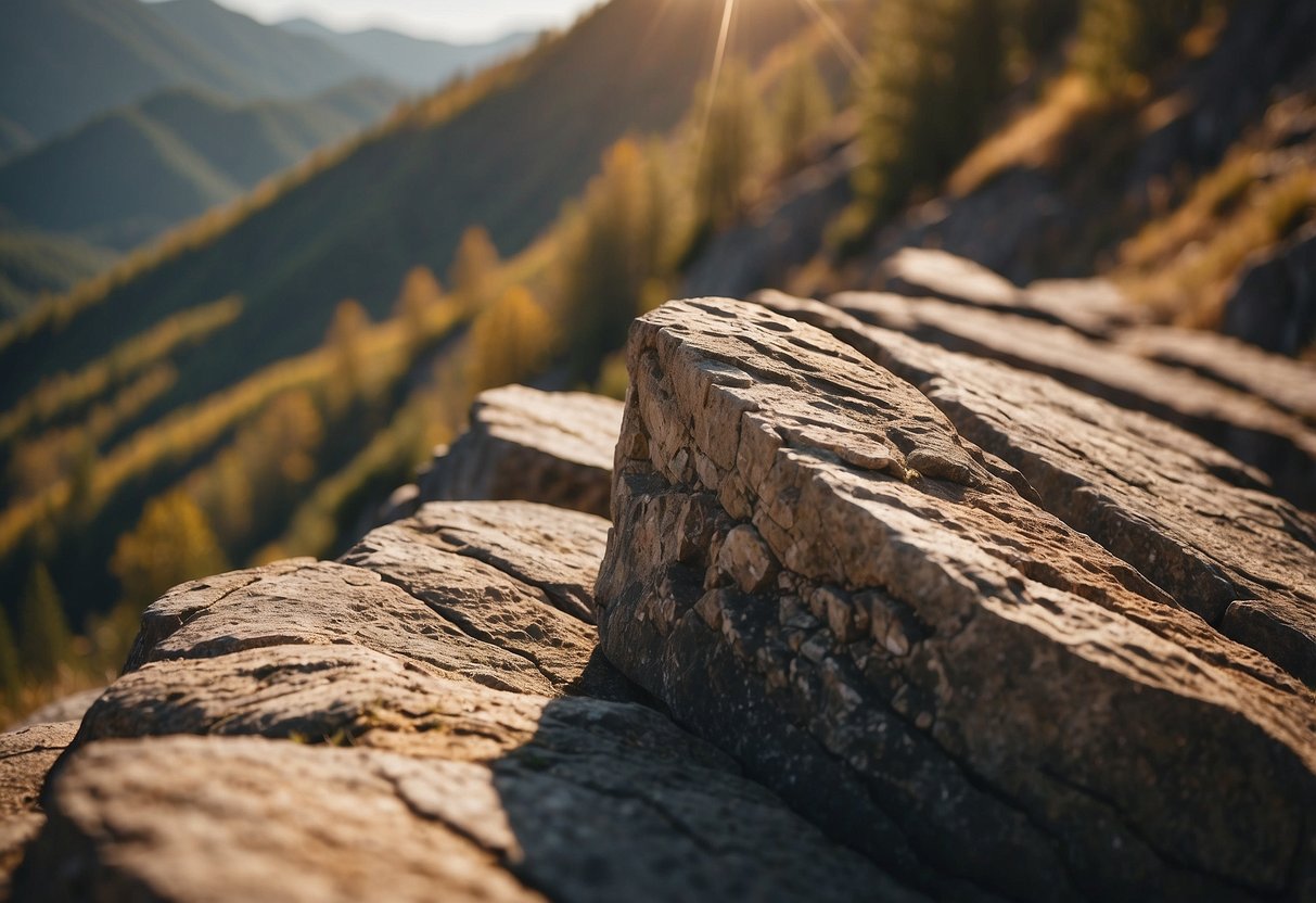 A rocky cliff face with various handholds and footholds, set against a scenic mountain backdrop. The sun is shining, casting long shadows on the rugged terrain