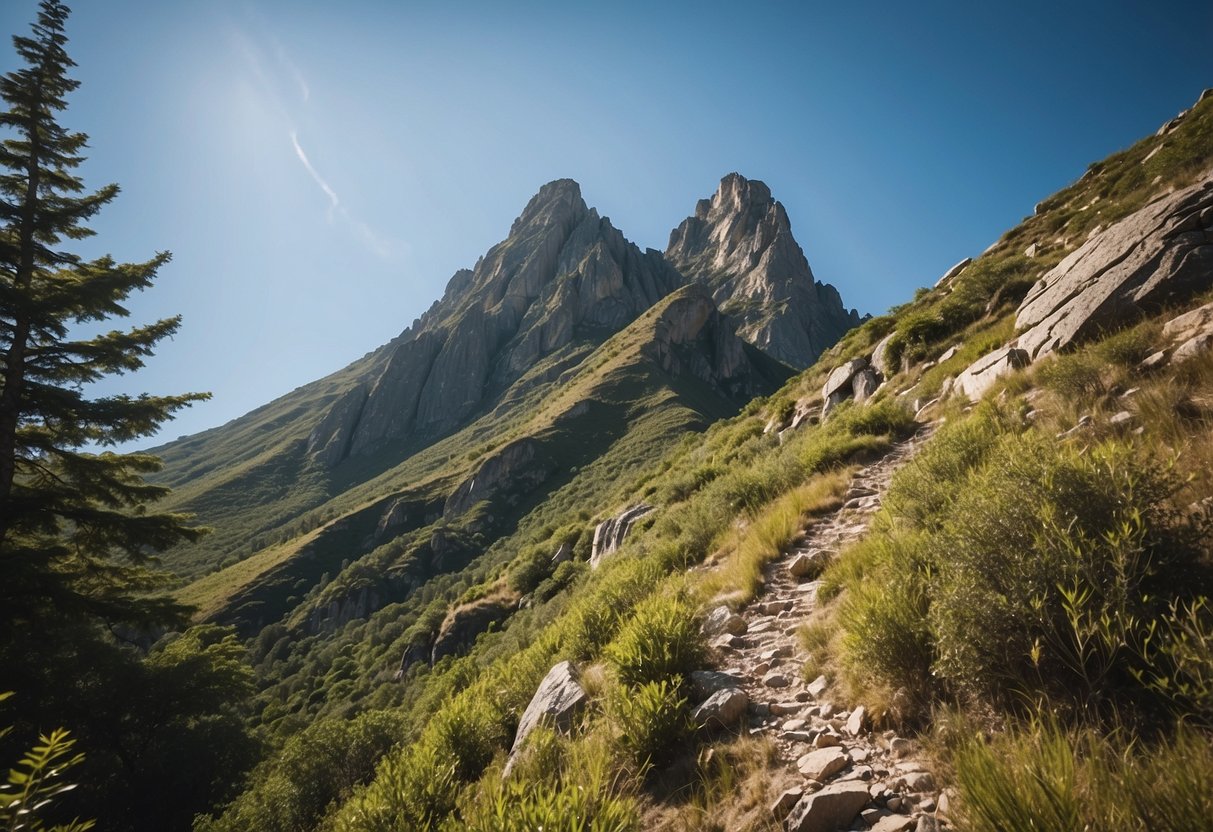 A rugged mountain peak with a clear, blue sky in the background, surrounded by lush greenery and jagged rock formations, with a trail leading up to the summit