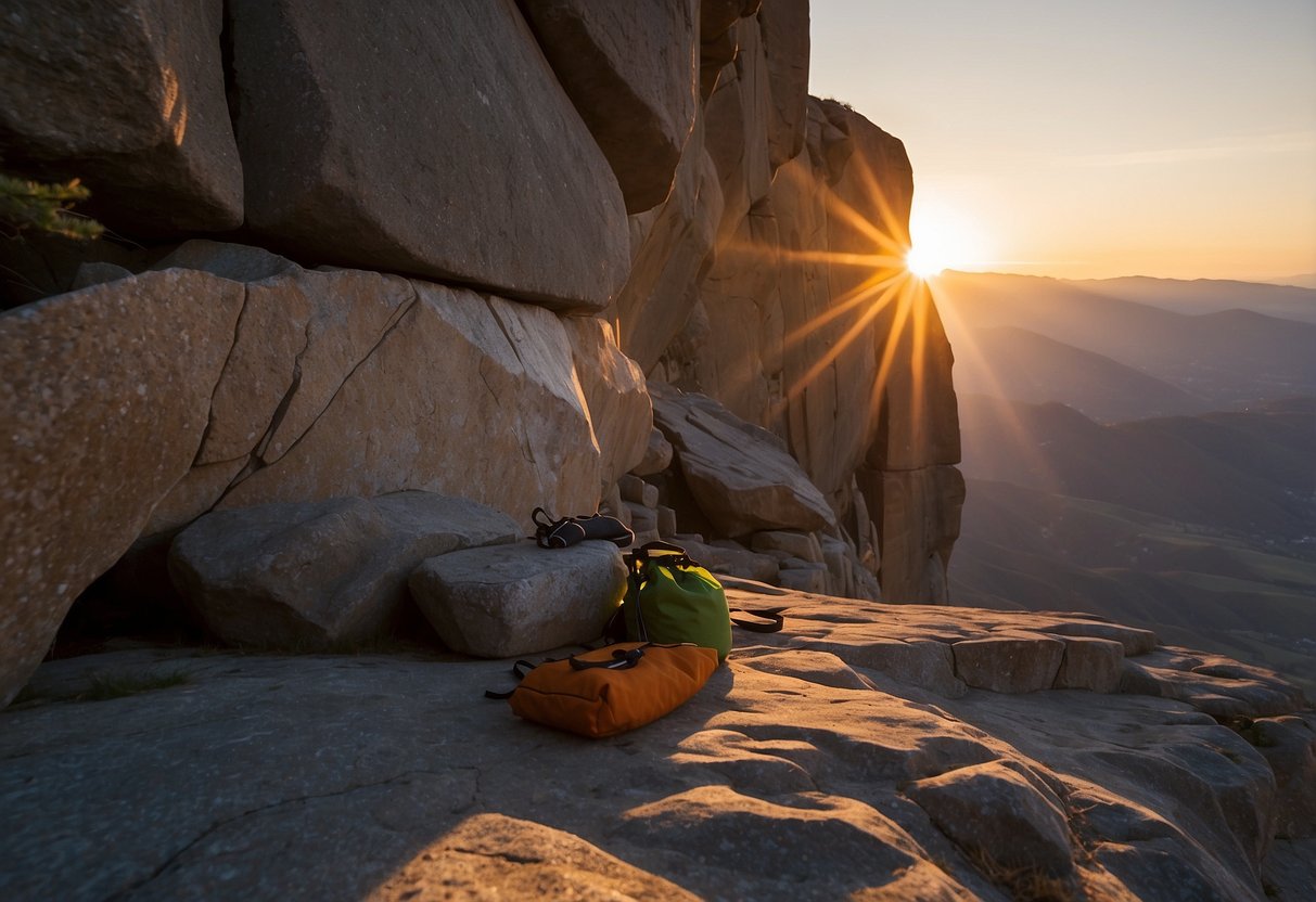 The sun sets behind a rugged cliff face, casting long shadows on the boulders below. A lone climber's chalk bag sits abandoned, as the perfect climbing spot remains undiscovered