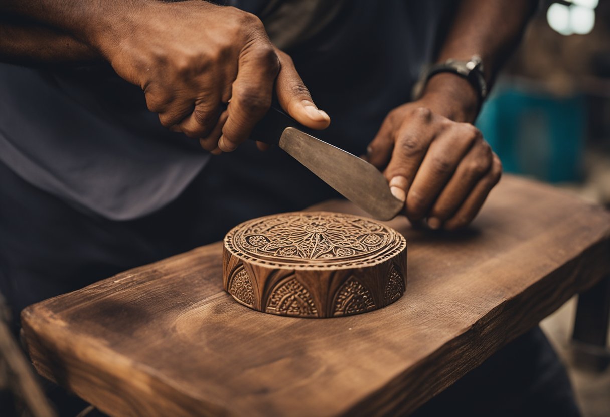 A craftsman carves intricate designs into a piece of wood using traditional tools in a workshop in Jaipur
