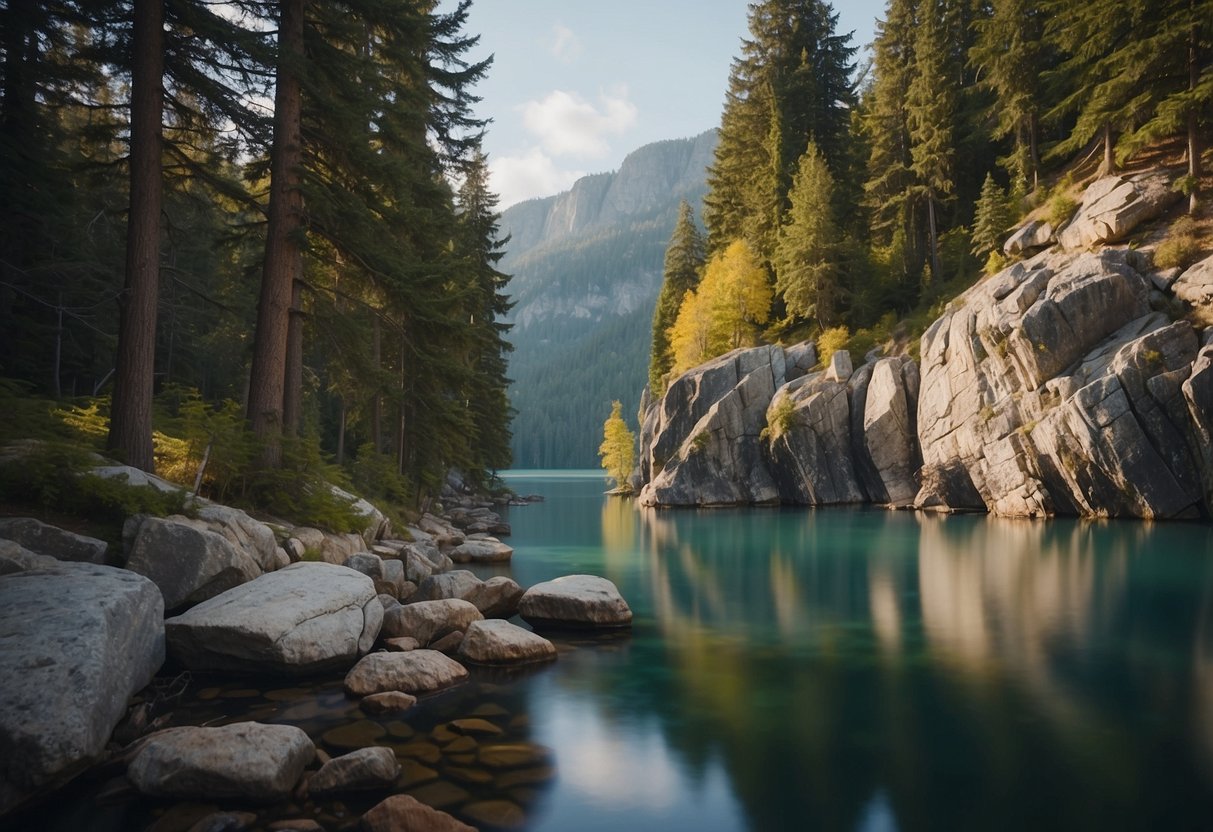 A rocky cliff overlooks a lush forest, with various routes marked by colorful tape. A serene lake sits at the base, surrounded by boulders and trees