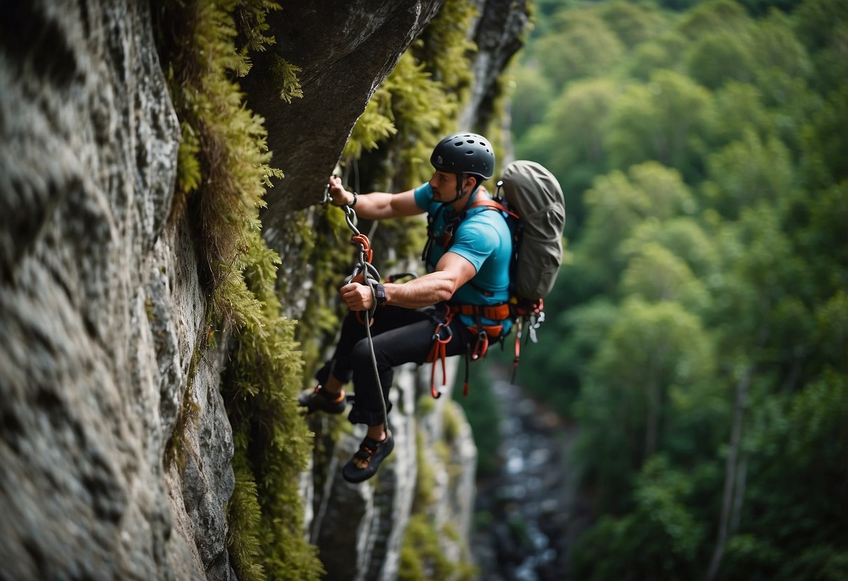 A rocky cliff with various handholds and footholds, surrounded by lush greenery. A climber's rope and harness are visible, along with safety gear like carabiners and a helmet