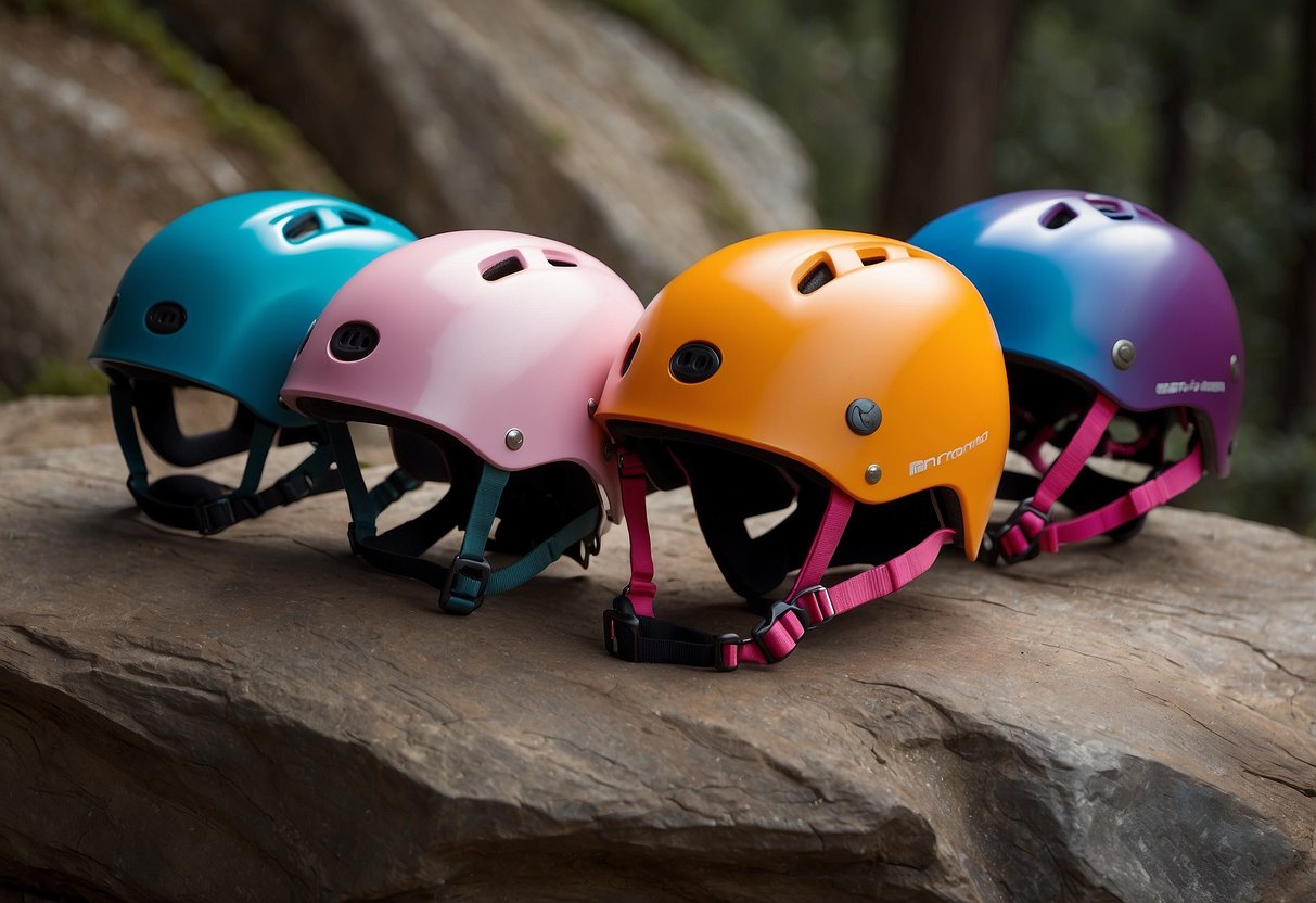 A group of five sleek and stylish climbing helmets designed for women, each showcasing lightweight construction and vibrant, feminine colors