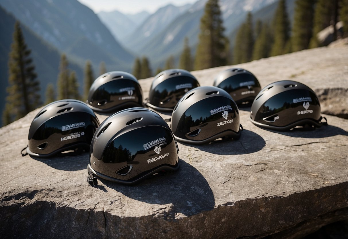 A group of Black Diamond Women's Half Dome 5 climbing helmets arranged on a rocky ledge, with a backdrop of a rugged mountain landscape