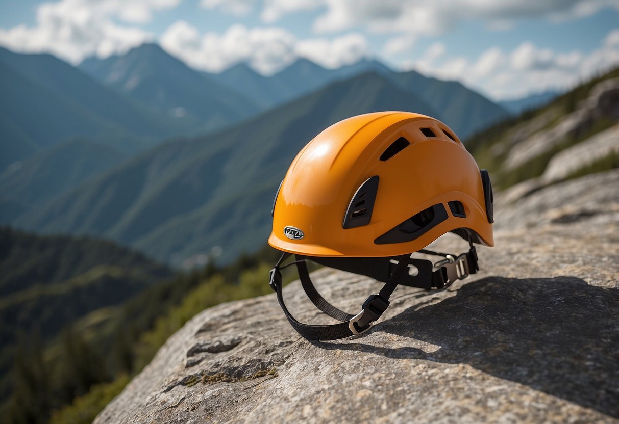 A woman's climbing helmet, the Petzl Elia, sits on a rock ledge with mountains in the background