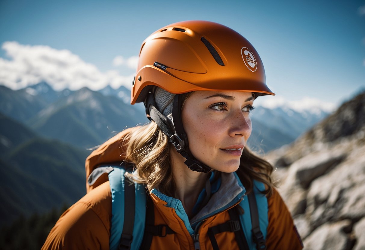 A female climber wearing Mammut Skywalker 2 helmet, with mountains in the background. Clear blue sky and sunlight shining on the helmet