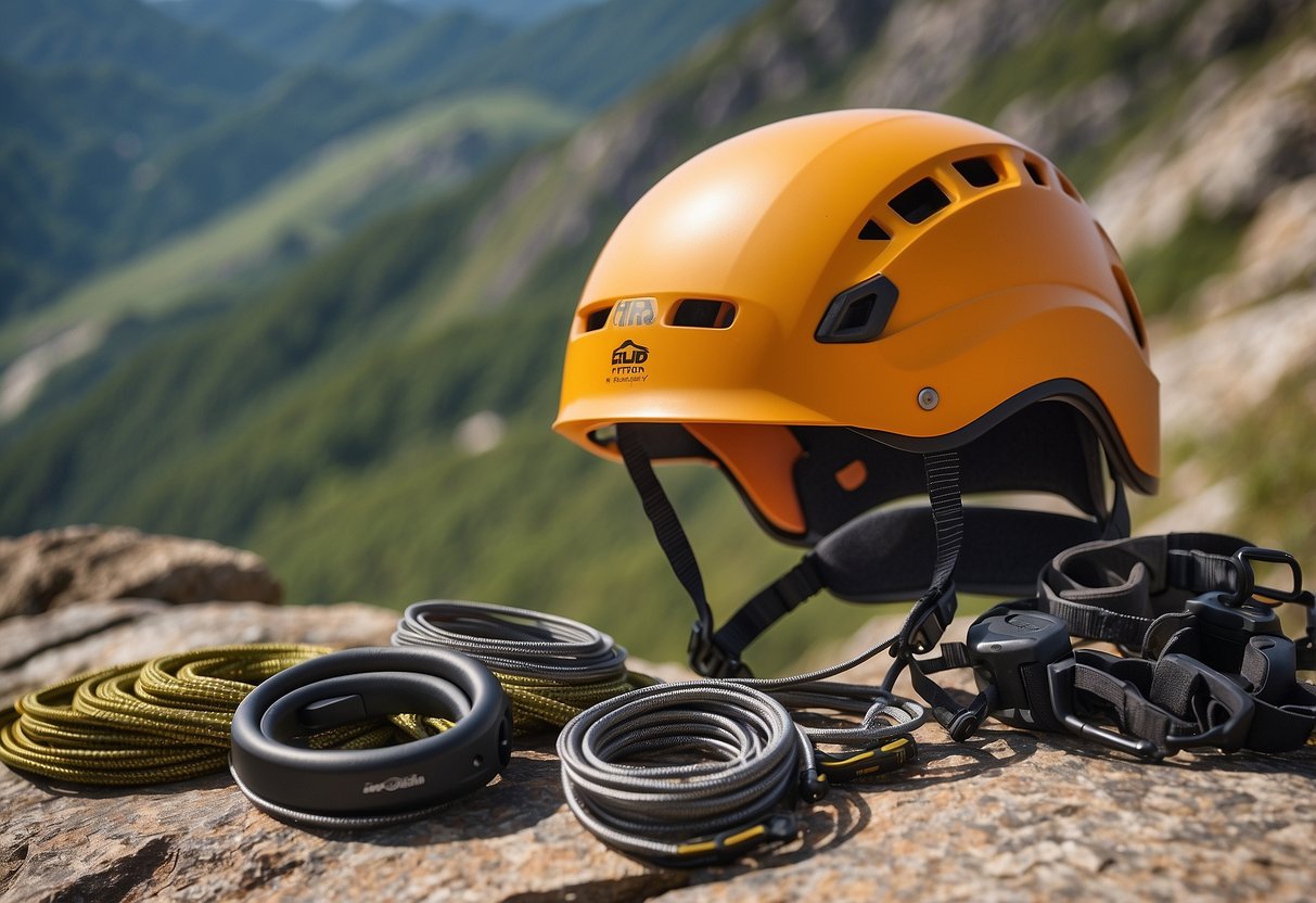 A woman's lightweight climbing helmet, Edelrid Zodiac, sits atop a rocky mountain peak, surrounded by gear and ropes