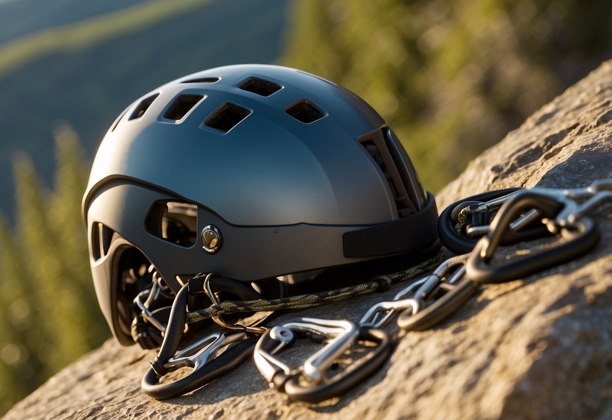 A woman's climbing helmet sits atop a rock ledge, surrounded by carabiners and climbing ropes. The sun shines down, casting a warm glow on the lightweight helmet