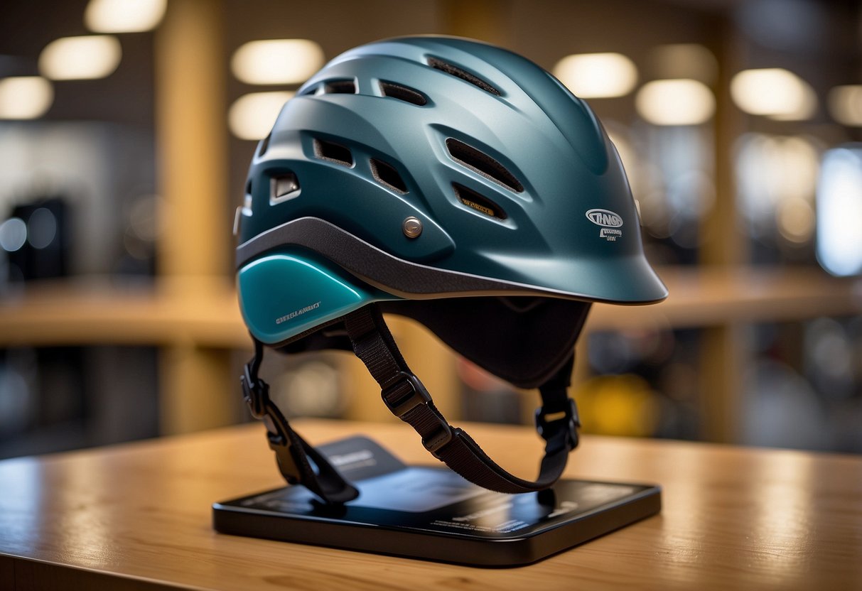 A group of lightweight climbing helmets for women, each displaying safety certifications and standards, arranged on a display stand