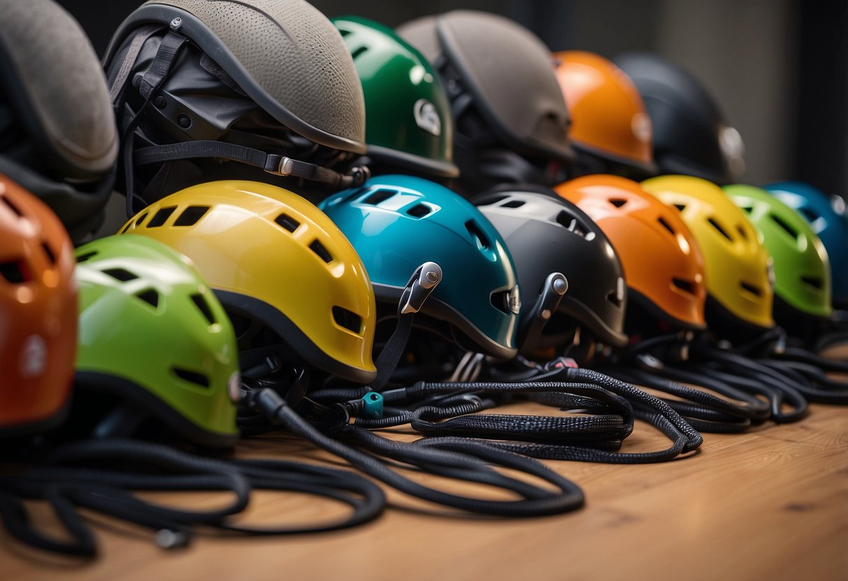 A group of lightweight climbing helmets for women displayed on a clean, well-lit surface with care and maintenance items nearby