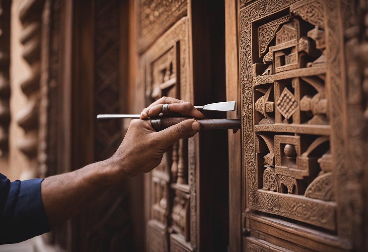 An ancient artisan carves intricate designs into a wooden door, surrounded by tools and traditional Jaipur architecture