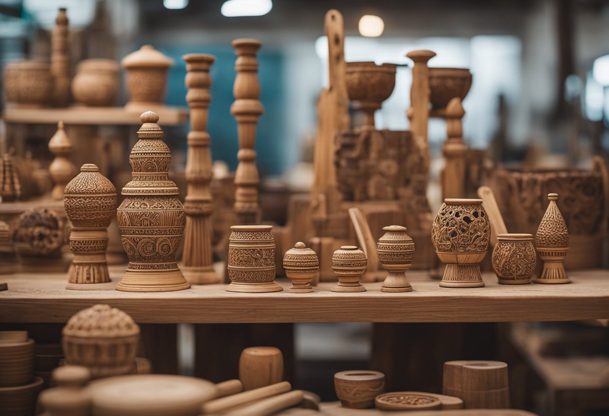 A woodworking workshop in Jaipur, with intricate carved designs, tools, and finished wooden products on display