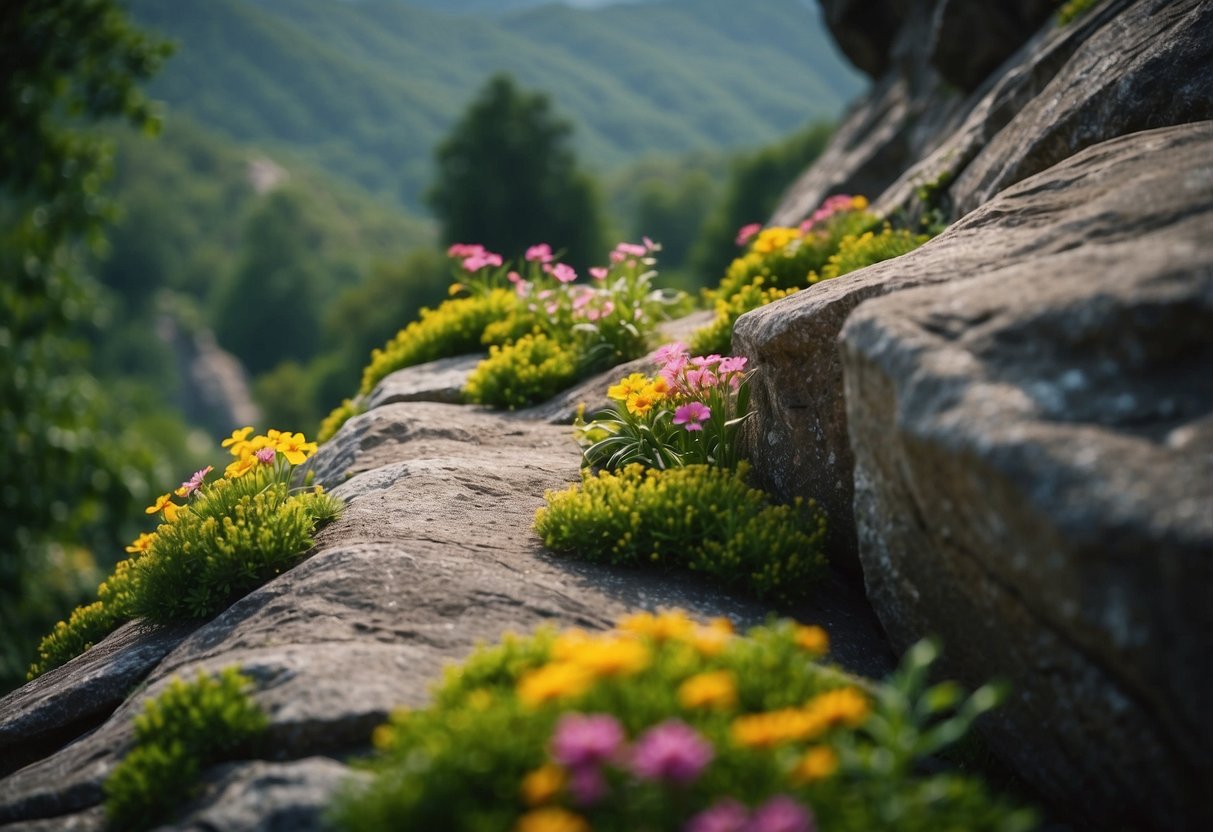 Rock formations rise sharply, creating challenging climbing routes. Lush greenery and vibrant flowers surround the rocky terrain, adding to the scenic beauty of the climbing routes