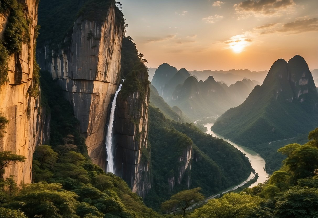 Sunset casts golden glow on towering cliffs of Asia's top rock climbing routes, framing lush greenery and cascading waterfalls