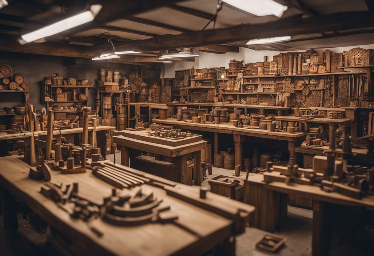 A woodworking workshop in Jaipur bustling with activity and tools, with intricate custom pieces on display