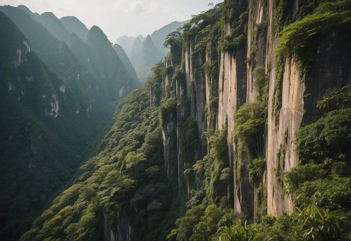 A towering limestone wall rises from the lush greenery of Vietnam, with multiple scenic rock climbing routes snaking up its rugged surface