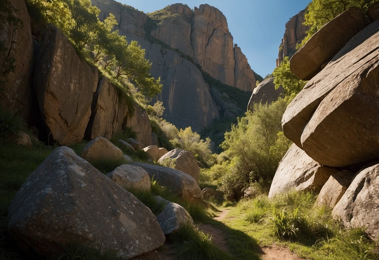 Rock formations jut out against a clear blue sky, with lush greenery surrounding the base. The sun casts long shadows over the rocky terrain, creating a picturesque scene for rock climbing