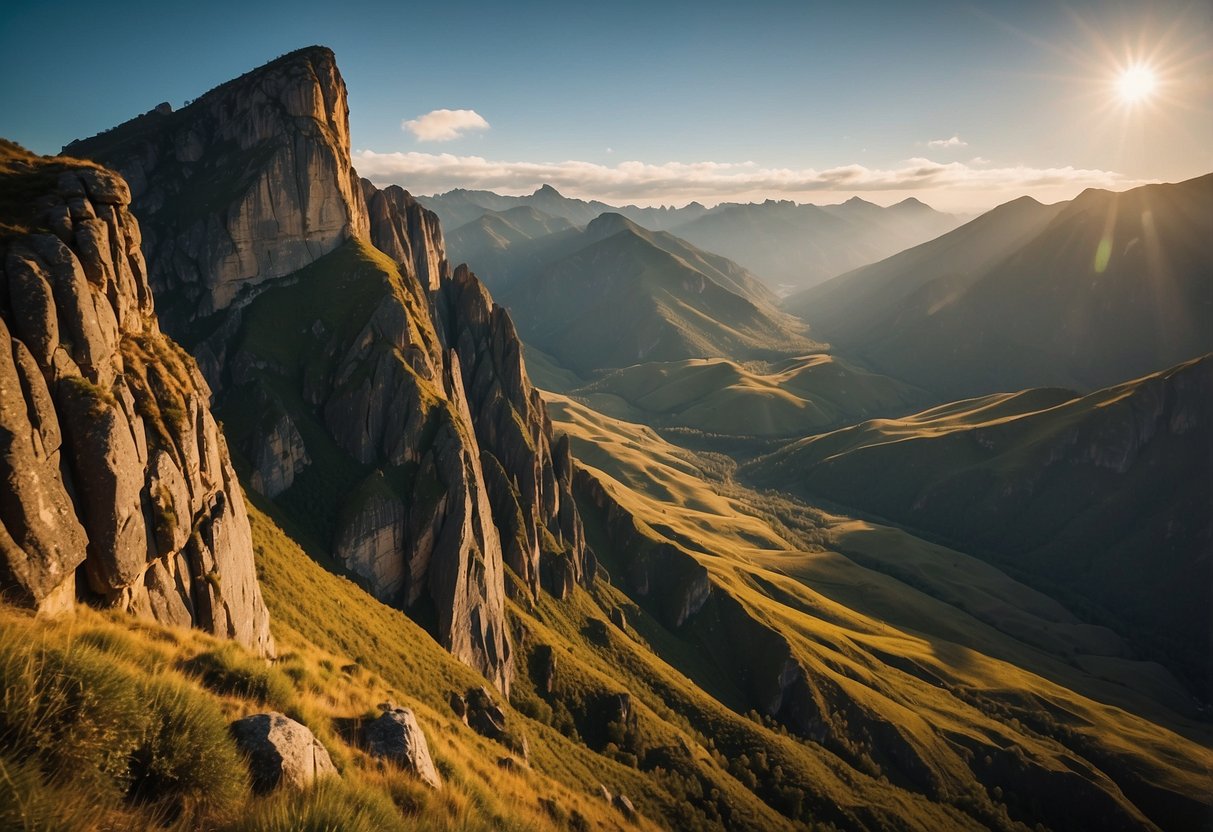 Rocky cliffs tower over lush valleys, with jagged peaks in the distance. The sun casts a warm glow on the rugged terrain, creating a breathtaking backdrop for adventurous climbers