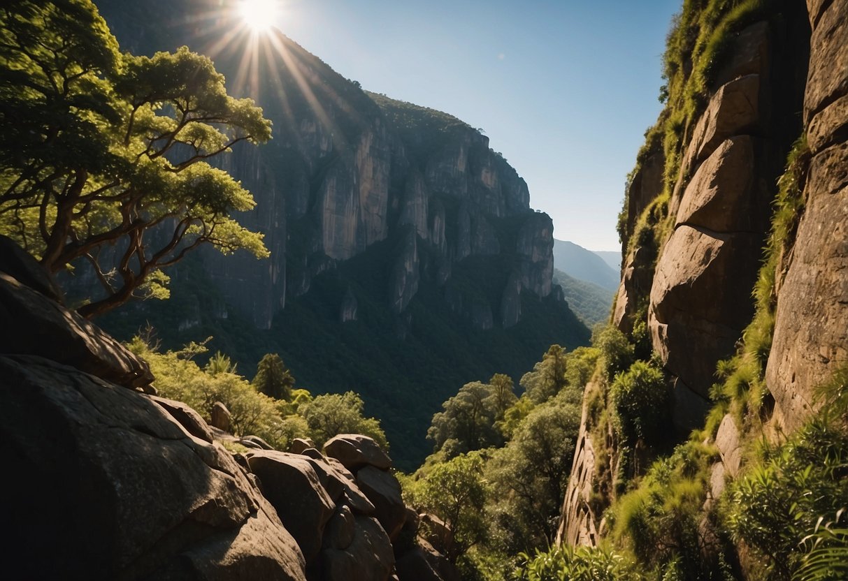 Rock formations jut out against a backdrop of lush greenery, with climbers scaling the vertical cliffs. The sun casts long shadows across the rugged terrain, creating a dramatic and picturesque scene