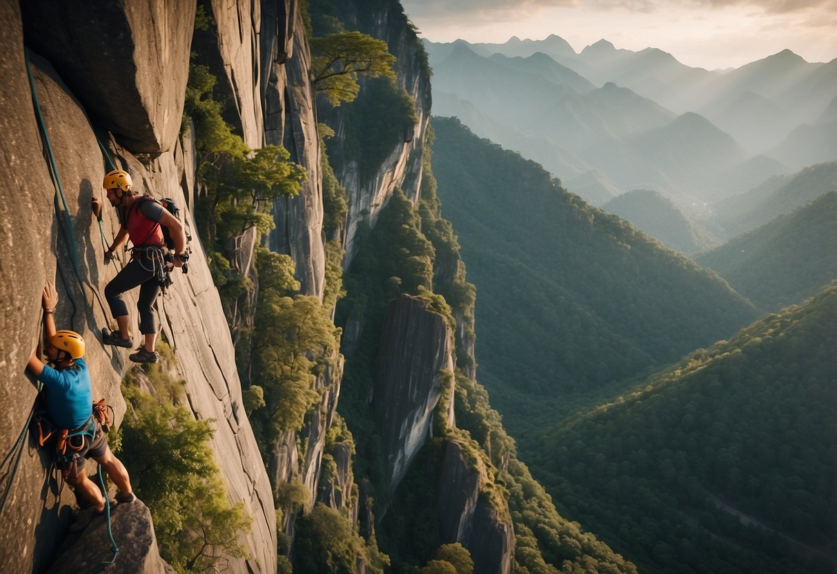 A group of rock climbers ascend scenic routes in Asia, following safety tips. The routes feature stunning natural landscapes and challenging terrain