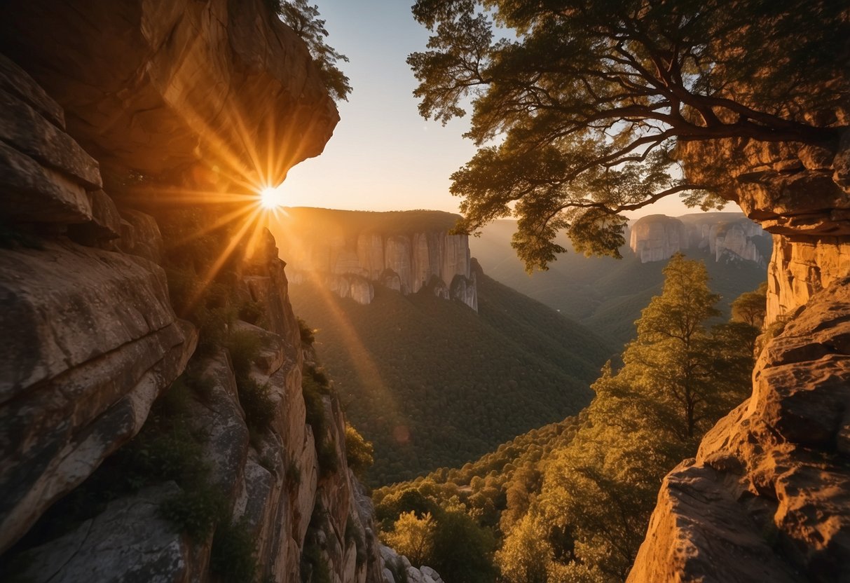 The sun sets behind towering limestone cliffs, casting a warm glow over the jagged rock faces. A gentle breeze rustles the leaves of nearby trees as climbers ascend the challenging routes