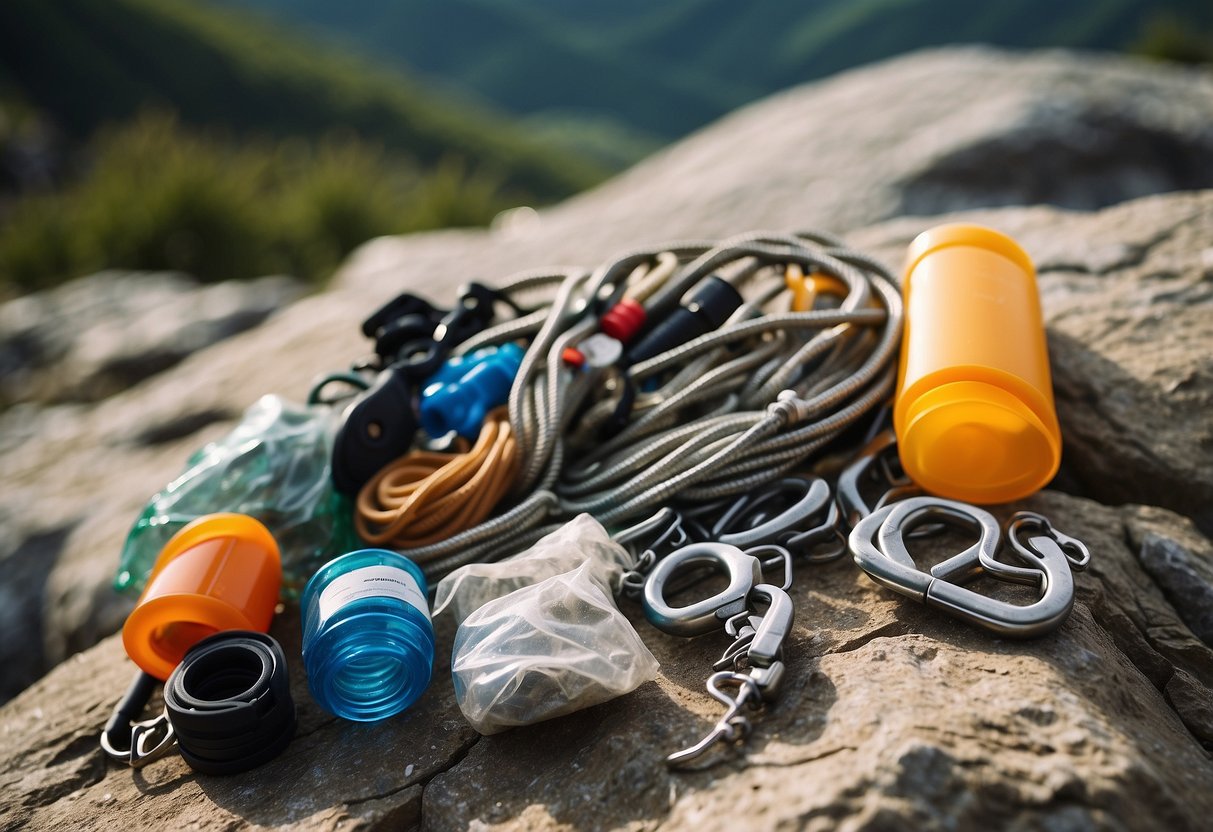 Climbing gear and waste items arranged on a rocky ledge. Rope, carabiners, water bottles, and food wrappers. A sign with waste management tips