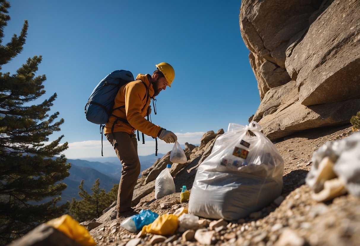 A mountain climber placing trash in a designated bag. Nearby, a sign lists "7 Tips for Managing Waste While Climbing." The climber is surrounded by rocky terrain and a clear blue sky