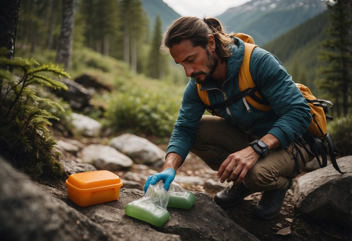 A climber at a campsite uses biodegradable soap to wash dishes. Nearby, a separate bag is filled with recyclables and another with non-recyclable waste