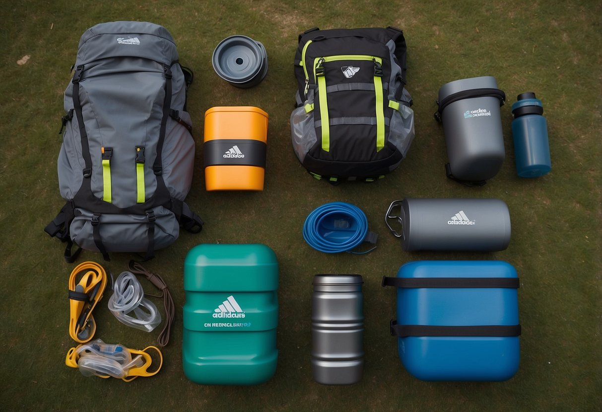 Climbing gear laid out with reusable containers, minimal packaging, and a recycling bin nearby. Outdoor setting with a focus on reducing waste