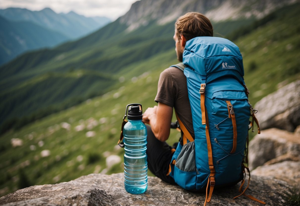 A mountain climber places reusable water bottles in a backpack next to a waste management guide