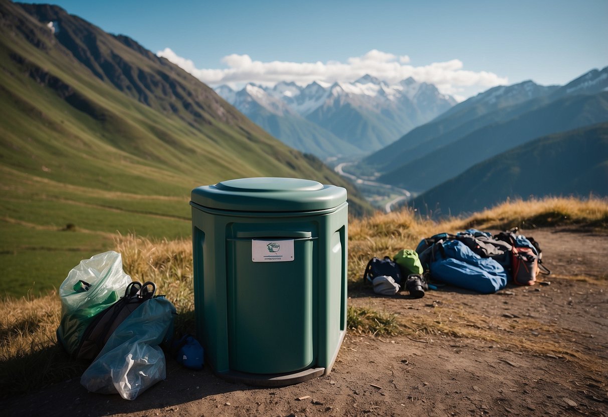 A portable toilet surrounded by climbing gear and waste management items. Mountains in the background, with climbers visible in the distance