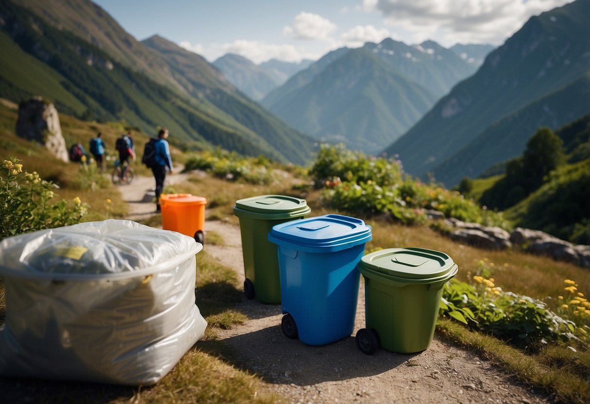 A mountainous landscape with climbers managing waste: reusable containers, biodegradable bags, and minimal packaging. Recycling and composting stations are visible