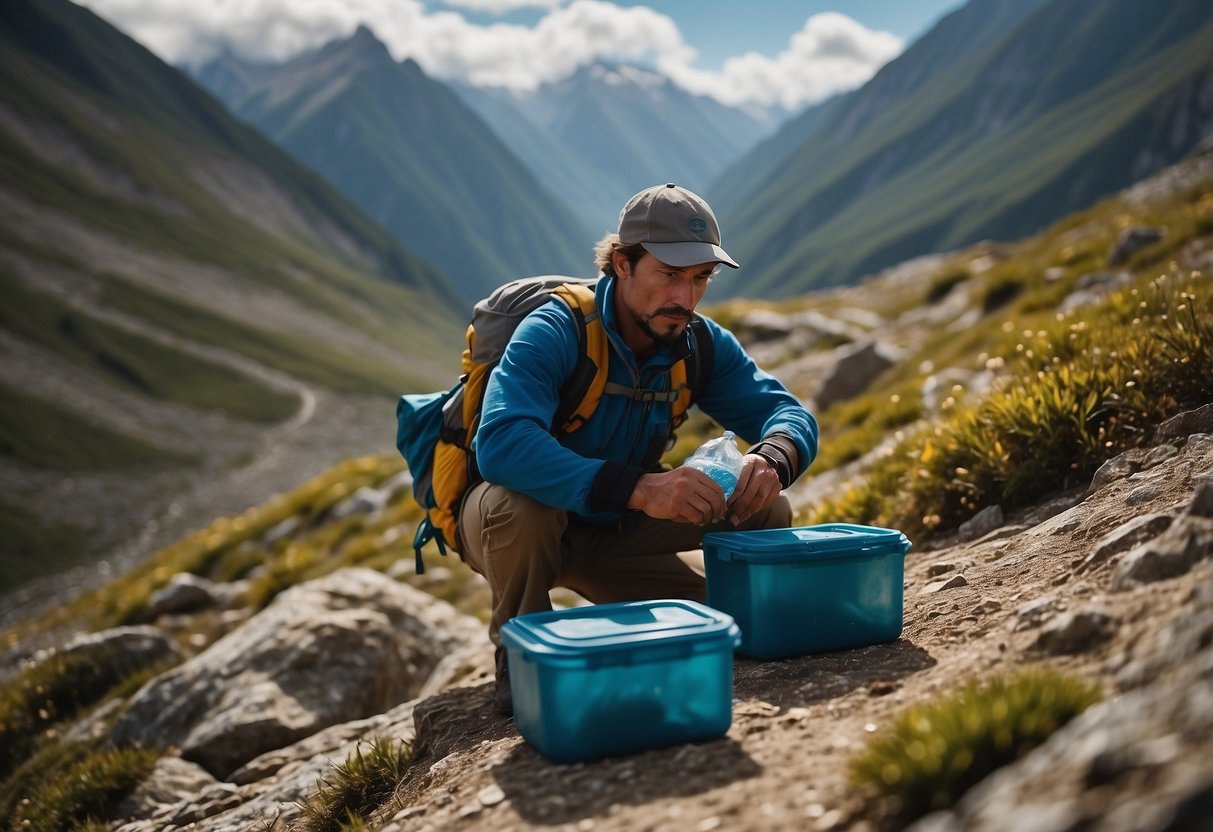 A mountain climber carefully sorts and packs reusable containers for food and water, while also carrying a small bag for collecting any waste generated during the climb