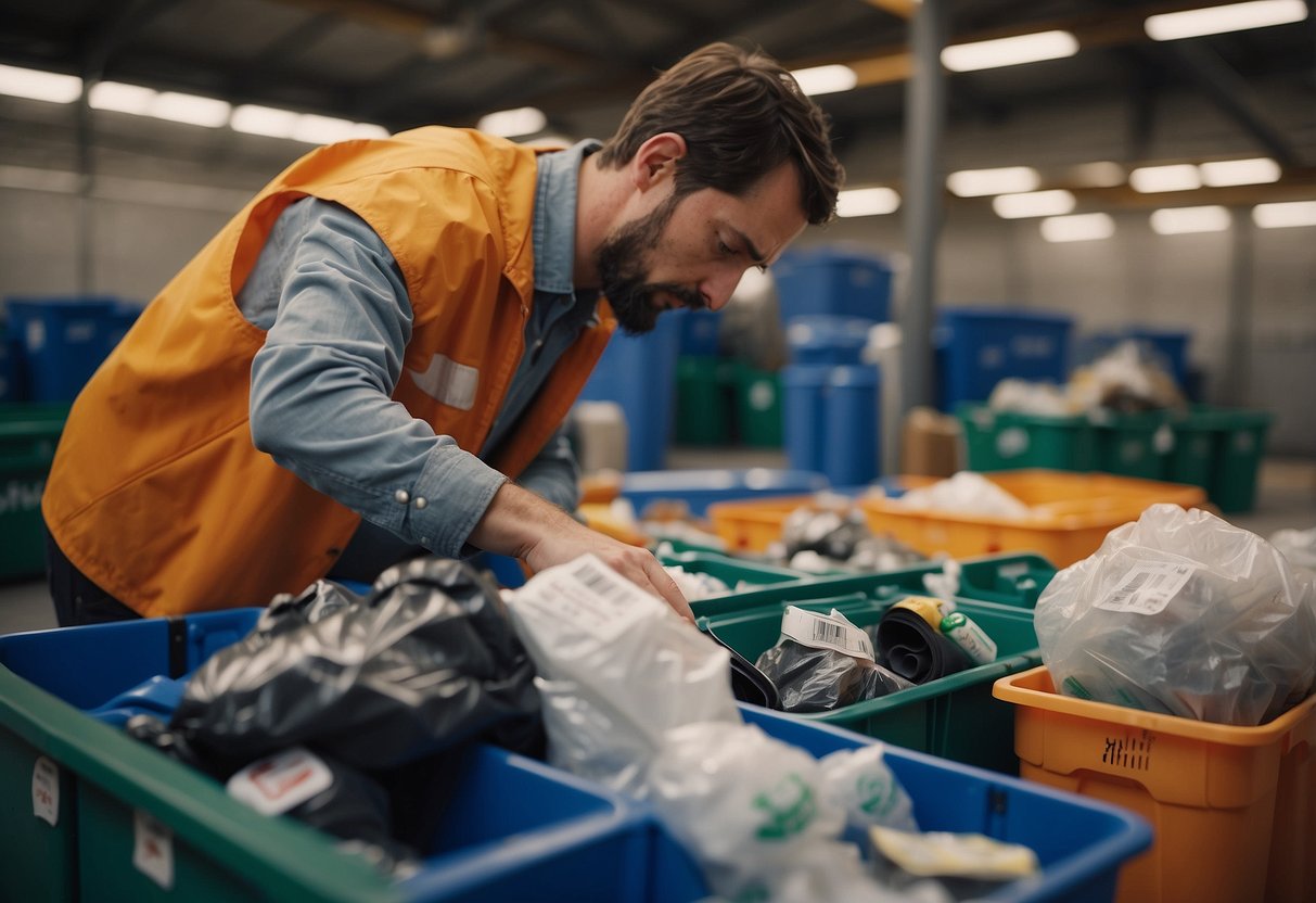 A climber placing recyclables in designated bins, separating plastic, glass, and paper. A sign nearby lists 7 waste management tips