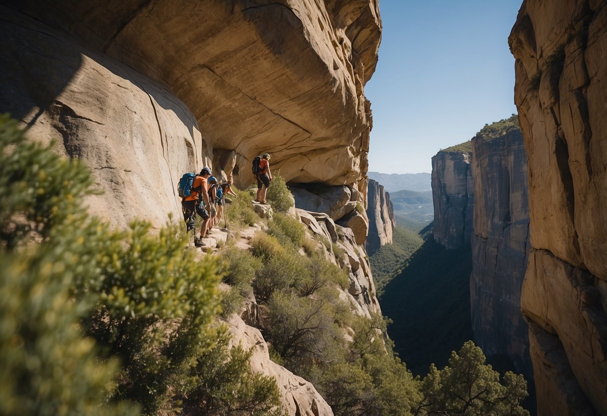 Rock formations jut out from rugged landscapes, surrounded by lush greenery and clear blue skies. The cliffs are dotted with colorful climbing routes, drawing in adventurous climbers from around the world