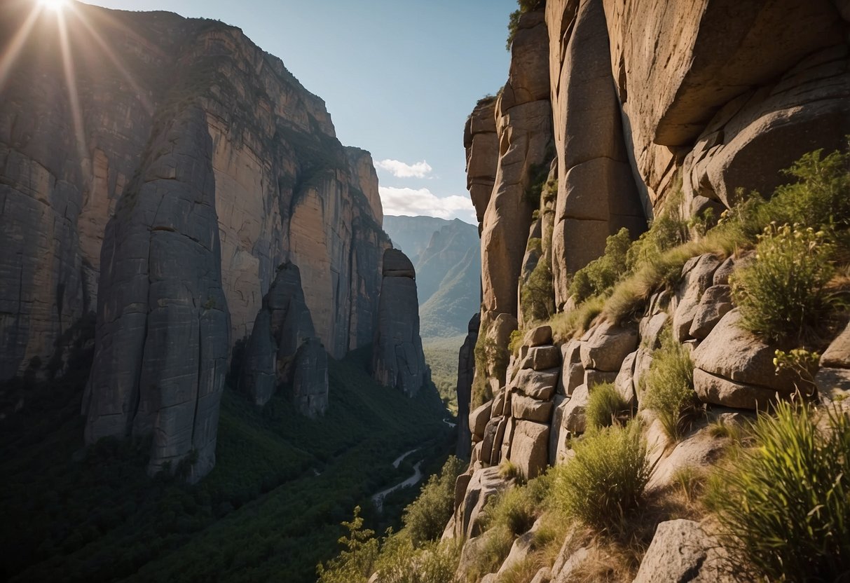 Rock formations jut out from the rugged landscape, creating challenging ascents for climbers. The sun casts dramatic shadows on the towering cliffs, while lush vegetation adds to the picturesque setting