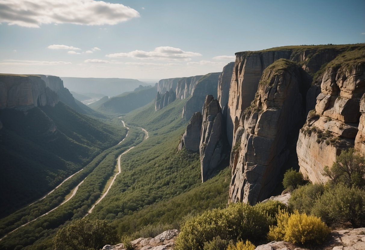 Rock formations jut out from rugged cliffs, creating challenging routes for climbers. Lush vegetation surrounds the base of the cliffs, adding to the dramatic landscape