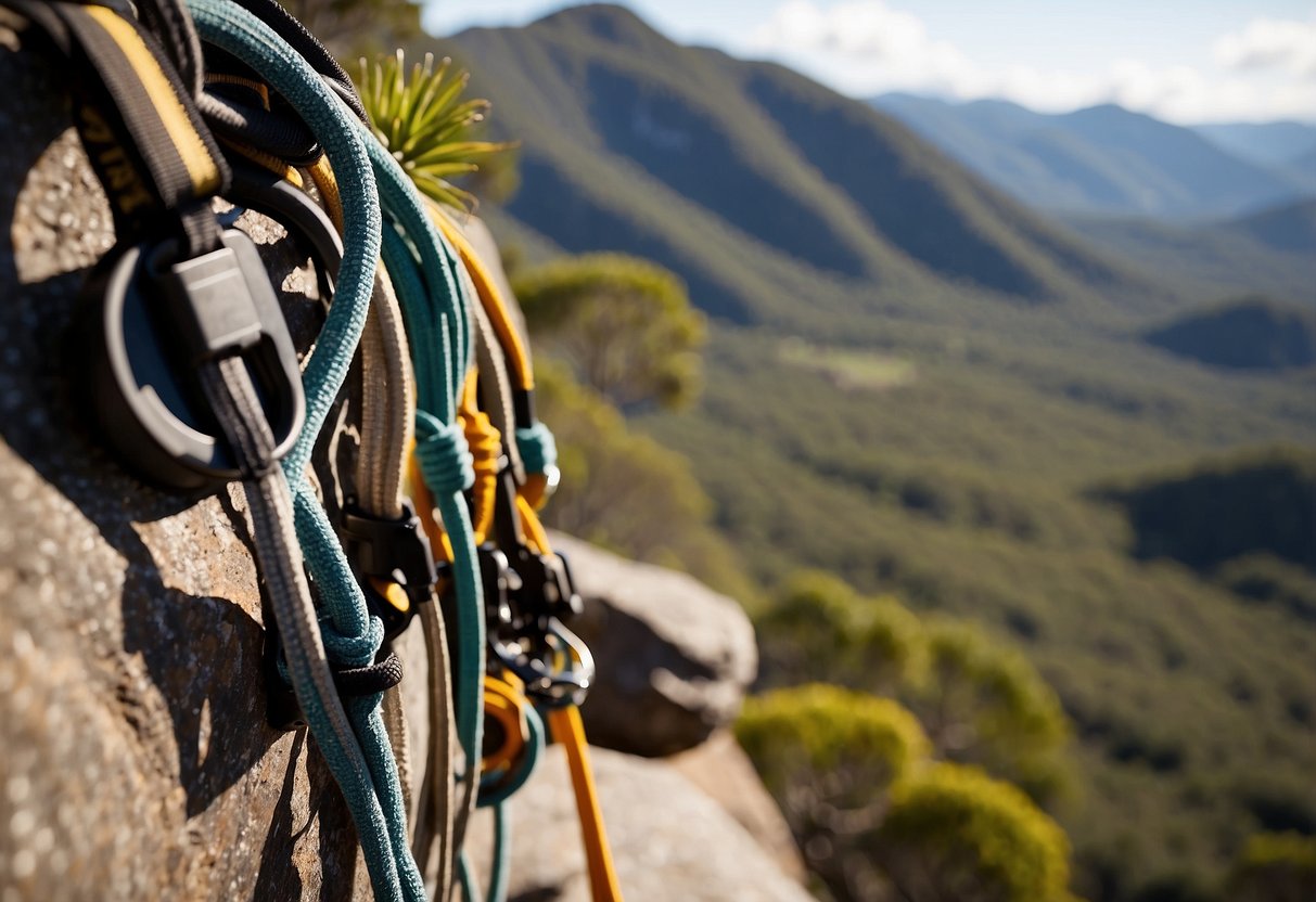 Rock climbing gear laid out in front of stunning Australian landscapes. Safety ropes, harnesses, and helmets arranged with scenic backdrops