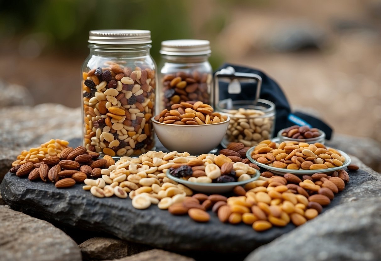 Colorful array of trail mix, energy bars, dried fruits, and nuts laid out on a rock. Nearby, a water bottle and a lightweight camping stove with a pot of dehydrated meal