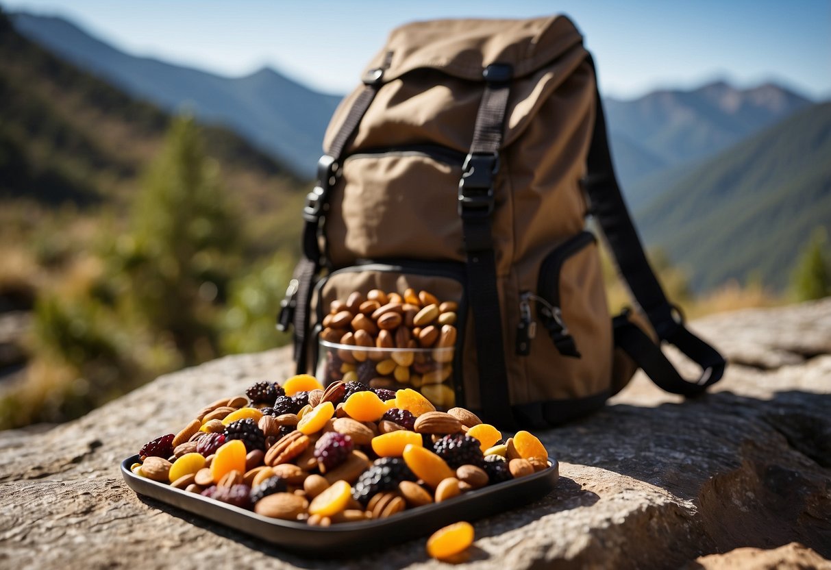 A pile of trail mix with dried fruit and nuts sits next to a backpack and climbing gear. The sun shines down on the nutritious snack, highlighting the vibrant colors of the ingredients