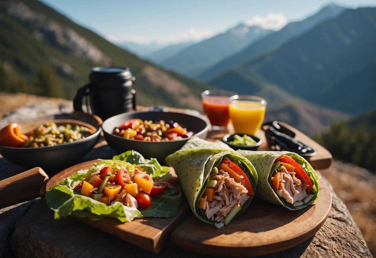 A colorful turkey and veggie wrap surrounded by climbing gear and a scenic mountain backdrop