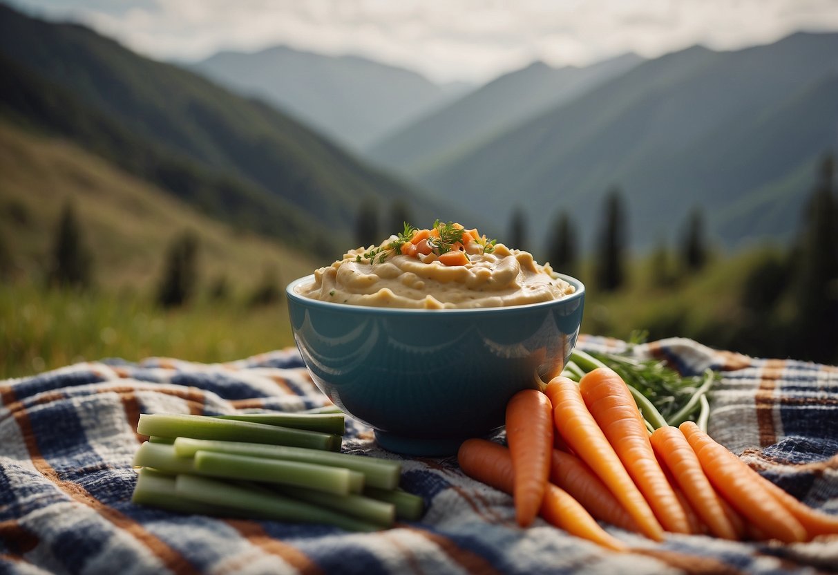 A bowl of hummus sits next to a pile of carrot sticks on a checkered picnic blanket, with a backdrop of mountains and climbing gear