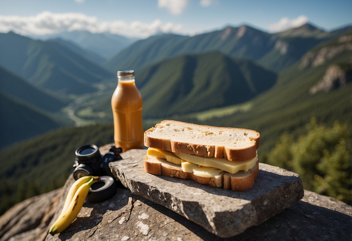 A peanut butter and banana sandwich sits on a rock ledge, surrounded by climbing gear and a scenic mountain backdrop